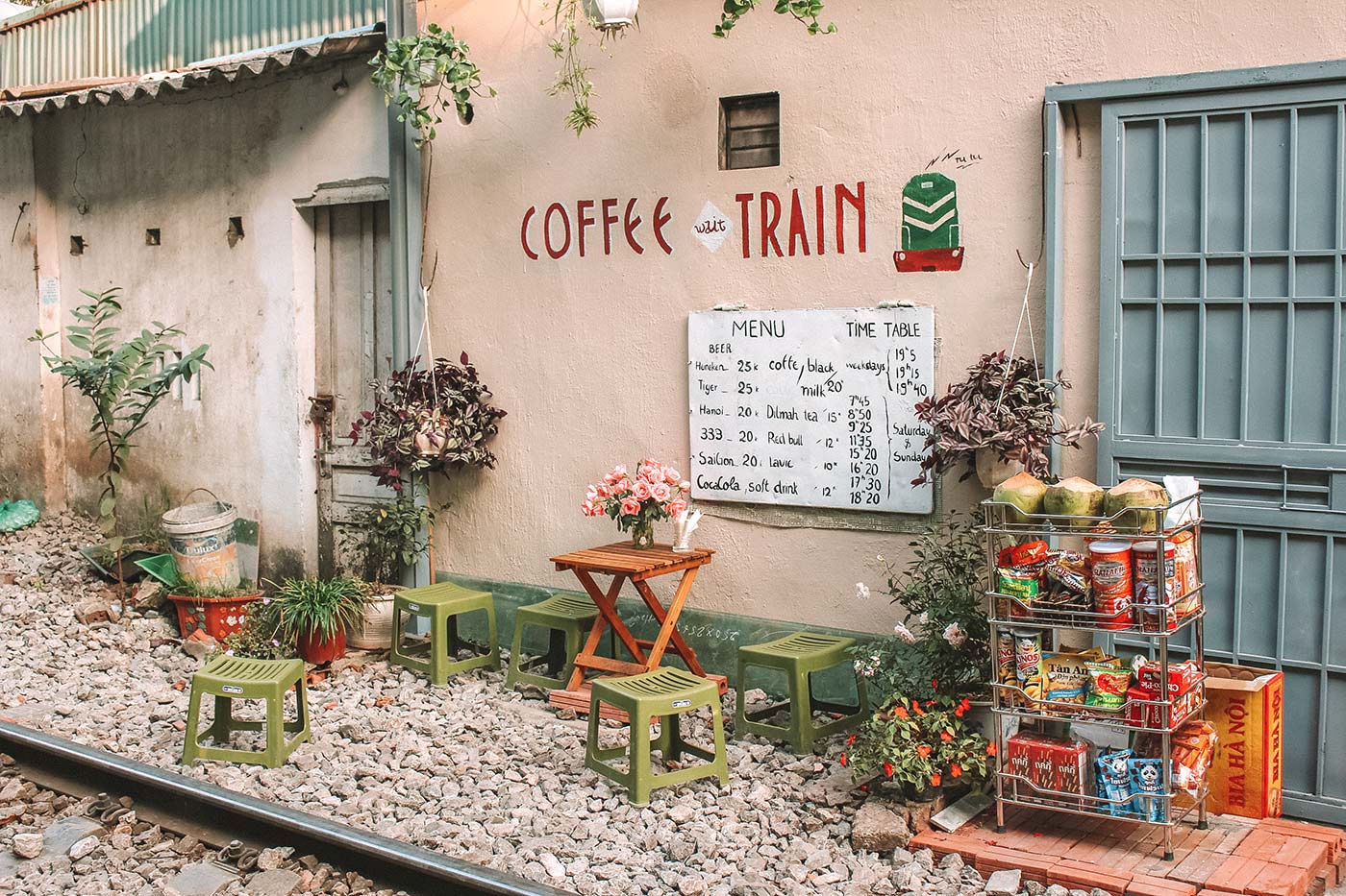 Hanoi Train Street / Rail Street coffee cafe and train times
