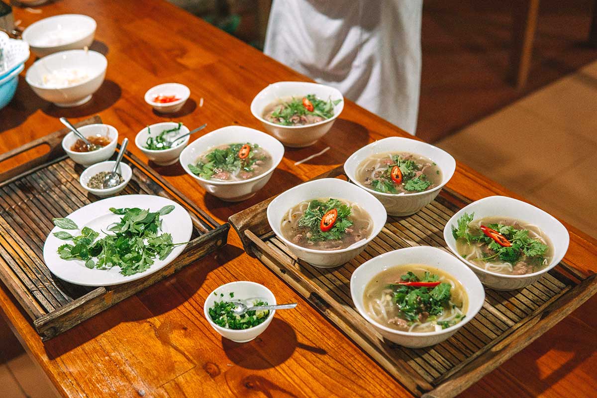 Hoi An cooking class Eco cooking school - bowls of Vietnamese pho noodles