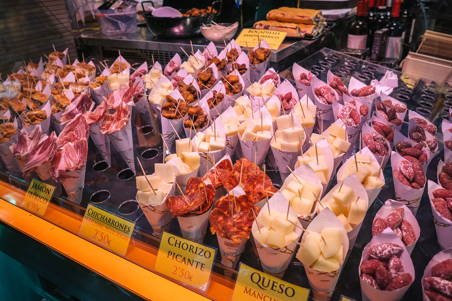 meat and cheese cones at Triana market Seville, Spain 