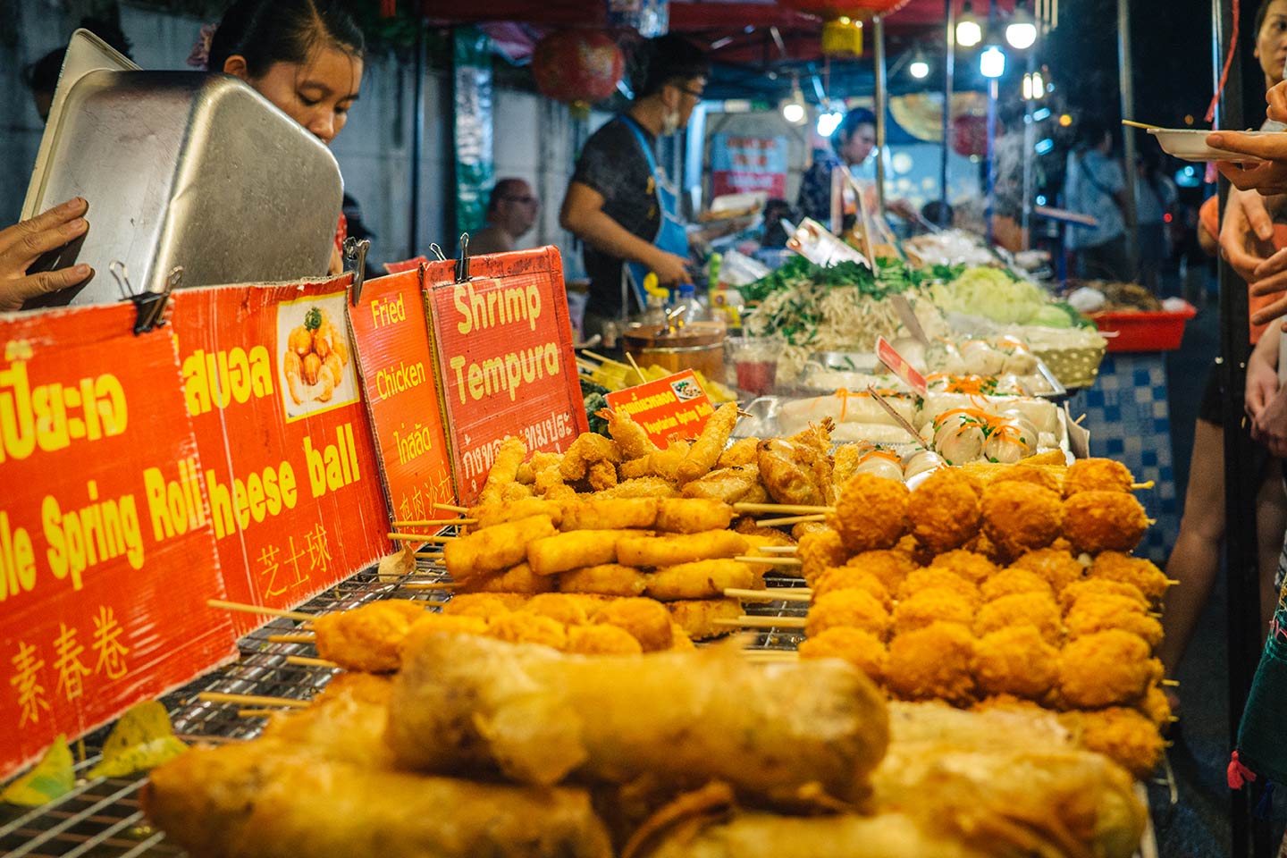 street food on a stick at Chiang Mai Sunday walking street night market