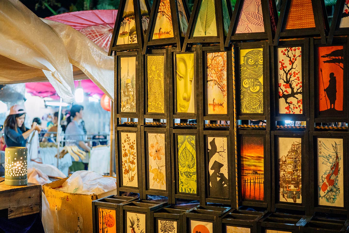 souvenirs at Sunday Walking night market in Chiang Mai paper wooden lanterns