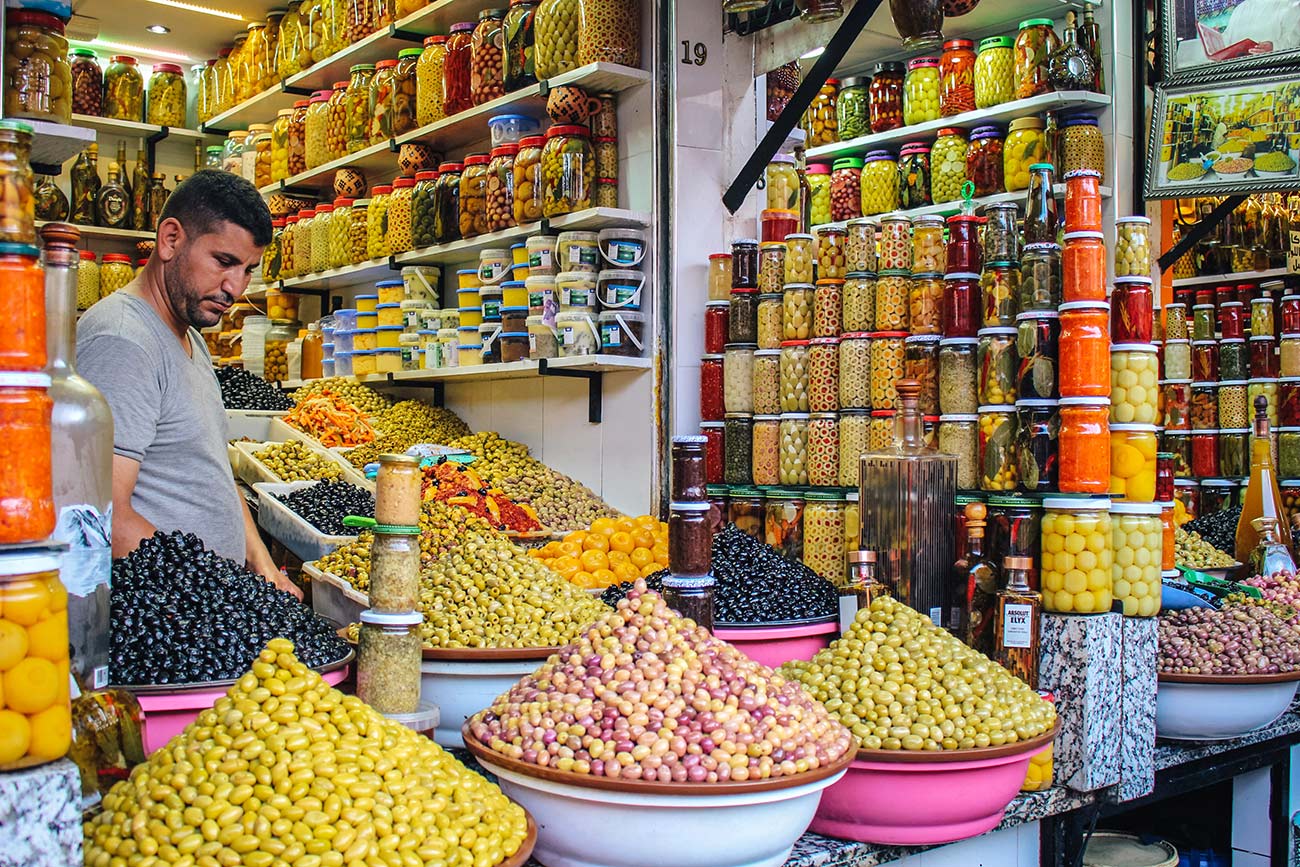 Morrocan olive stall Marrakech Morocco