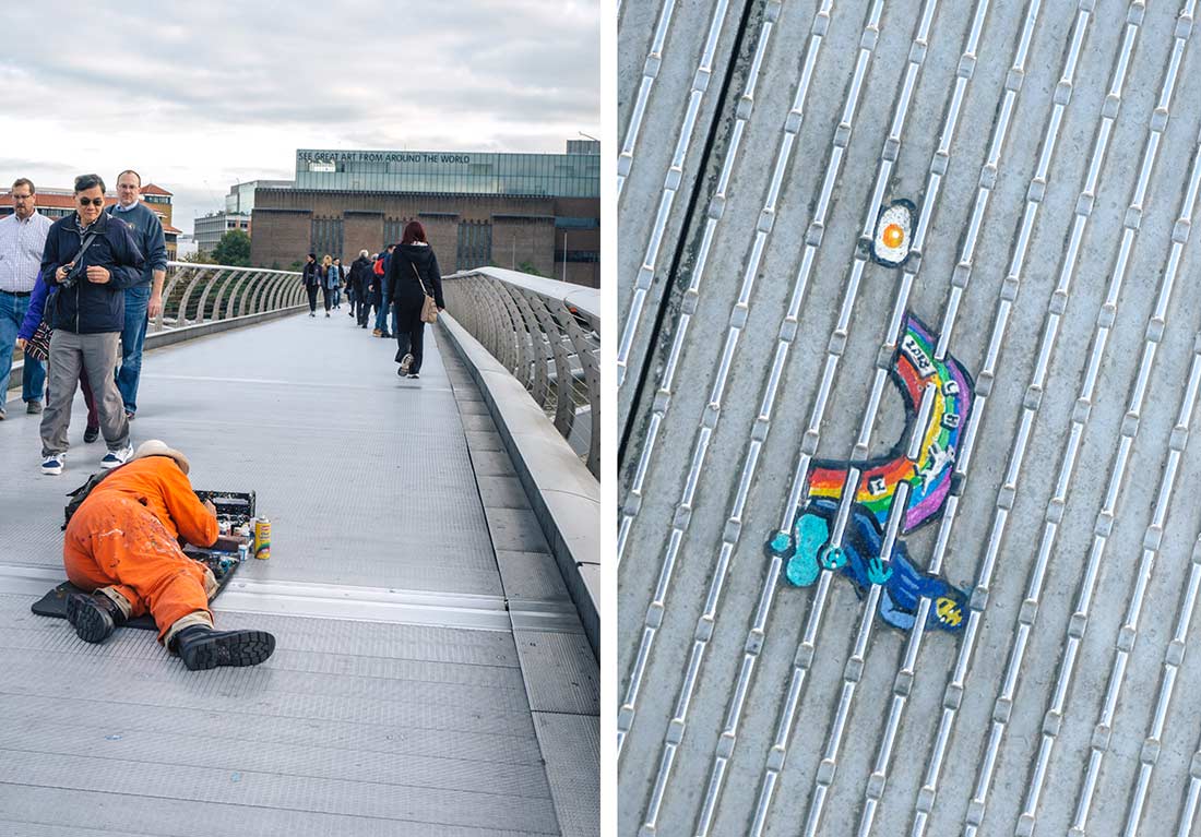Street art - Ben Wilson at work on the Millenium Bridge London